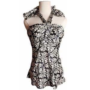 White House‎ Black Market 100% Silk Halter Top Black White Floral Size 4